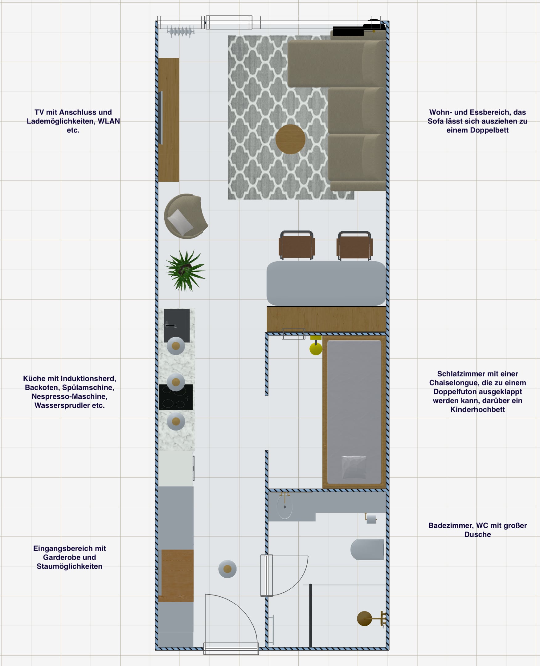 Grundriss der Ferienwohnung mit Wohnbereich, Küche, Schlafzimmer und Bad
